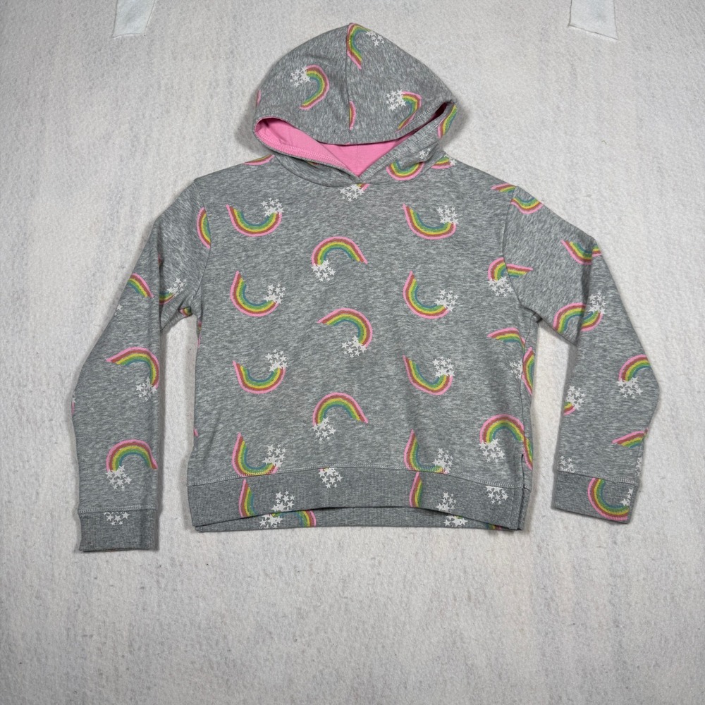 Falls Creek Girls Rainbow Star Print Hoodie Gray Pink L 10/12 Sweatshirt